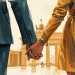 Picture illustrating a couple holding hands in front of brandenburger tor