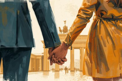 Picture illustrating a couple holding hands in front of brandenburger tor