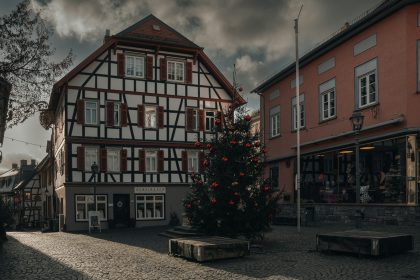 a christmas tree is in the middle of a cobblestone street