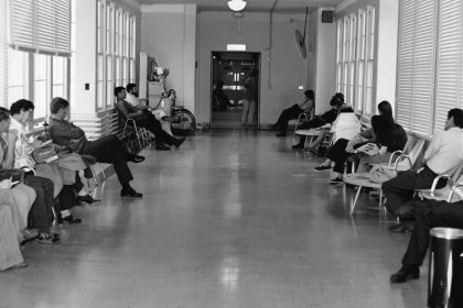18-0196-059 NH Bremerton 18-0196-059print 8x10 b&w[Naval Hospital Bremerton waiting room? Circa 1974]