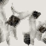 Abstract white and black geometric forms against white background