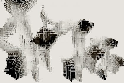 Abstract white and black geometric forms against white background