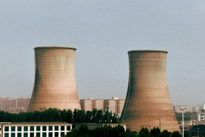 Cooling towers of a power plant are depicted.