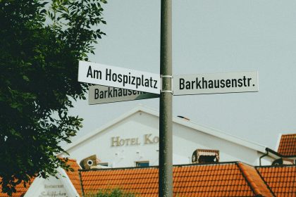 A street sign on a pole in front of a building