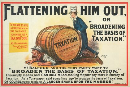 a political poster with a man leaning on a barrel